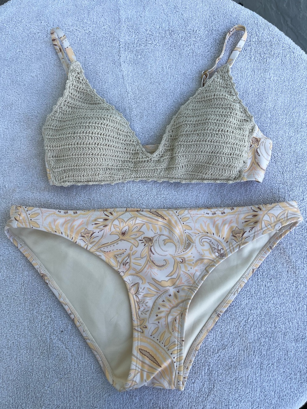 Xhilaration Crochet Small Top Medium Bikini Bottoms Yellow Paisley Swimsuit